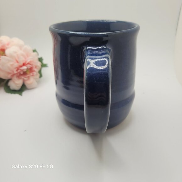 Vintage Ross Canadian Oversize Mugs Pottery Artisan Blue Glaze Set of 2 - Picture 4 of 14